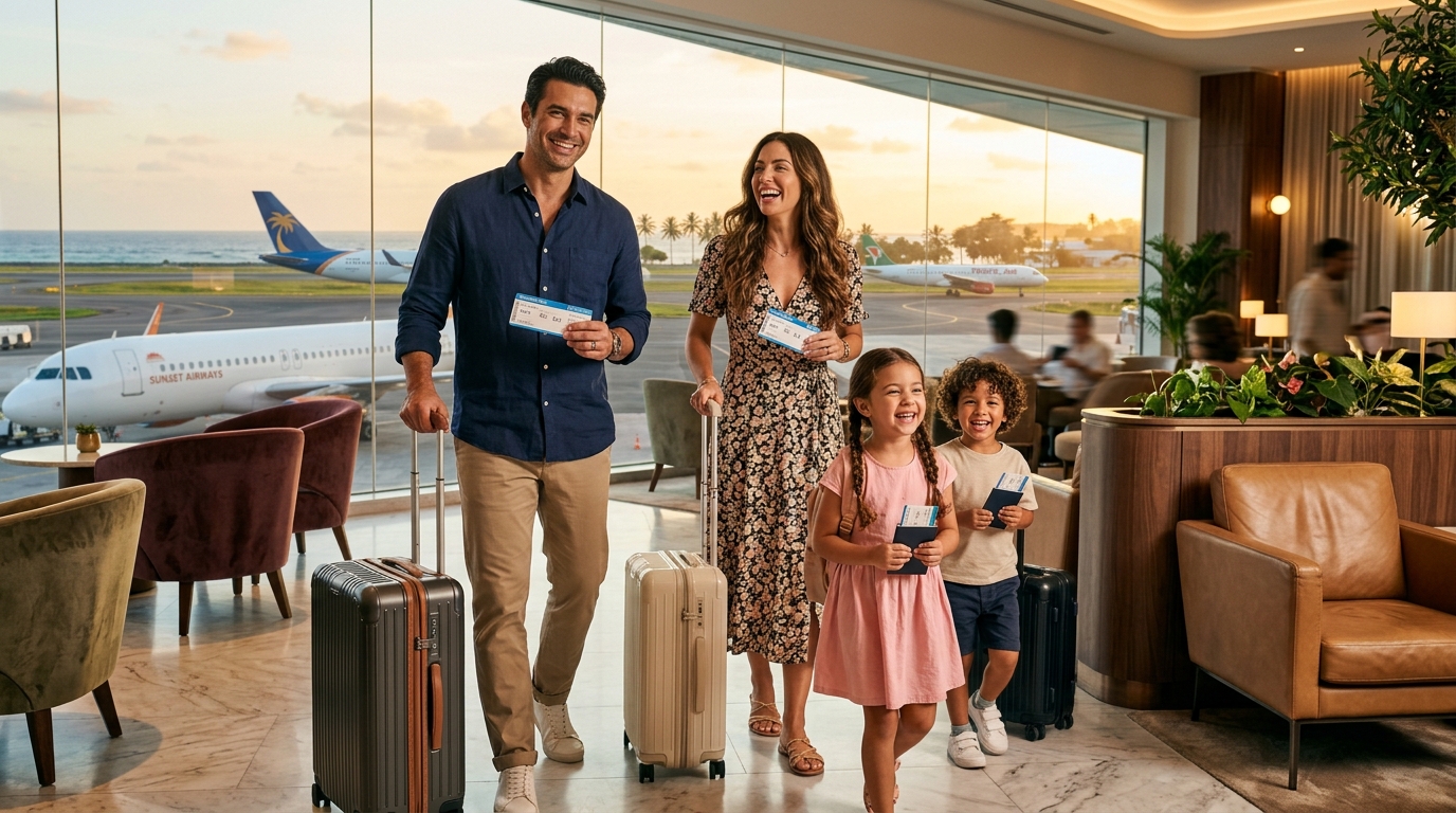 Familia feliz con tickets de viaje - Programa Residencial Turístico
